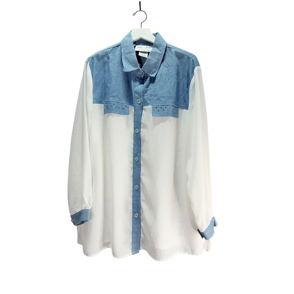 Delta Burke Button Blouse Women 18W White Blue Western Rhinestone Semi Sheer Top